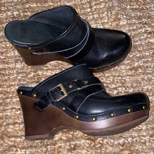 UGG Black Leather Mules with Brown Wooden Heel